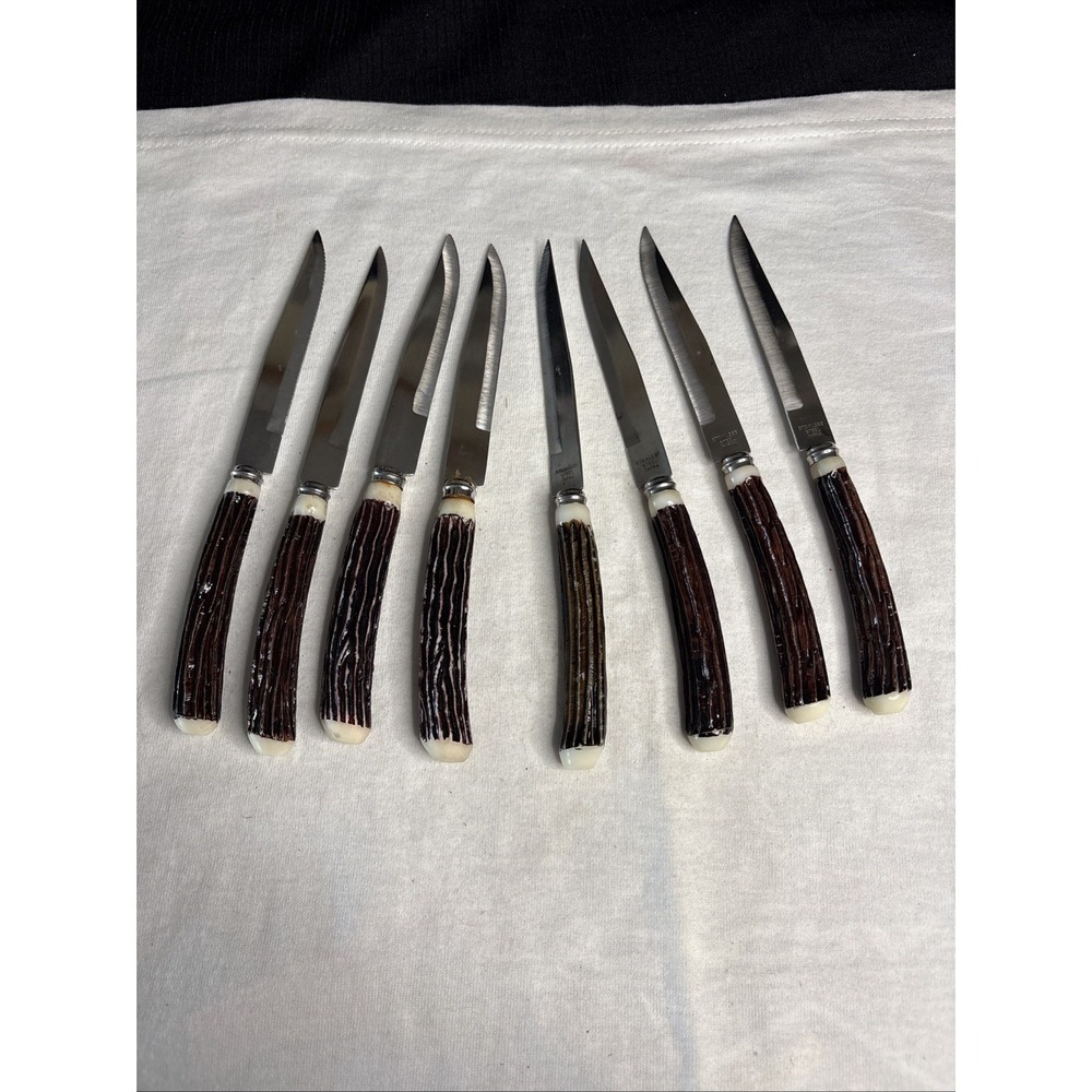 8 Stainless Steel Faux Antler Steak Knives Made in Japan Vintage Style 042